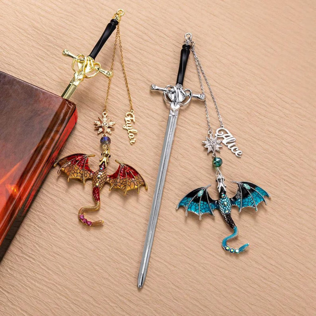 Personalized Dragon Sword Bookmark for Readers, Custom Name Fantasy Bookish Gift, Book Lover, Silver Gold Metal Charm for Bookworms