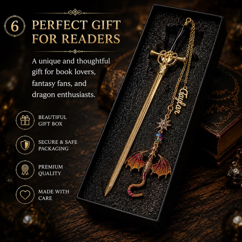 Personalized Dragon Sword Bookmark for Readers, Custom Name Fantasy Bookish Gift, Book Lover, Silver Gold Metal Charm for Bookworms