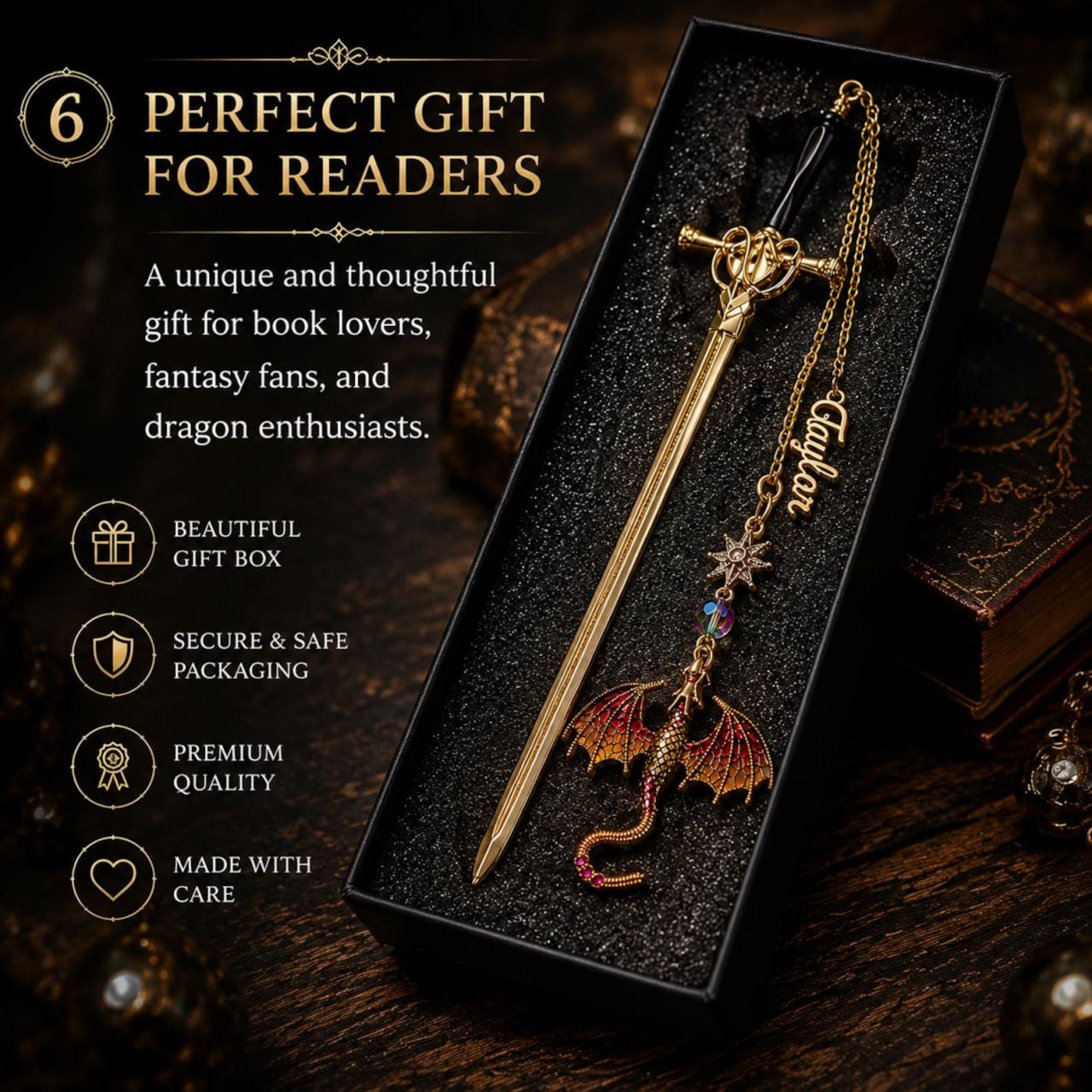 Personalized Dragon Sword Bookmark for Readers, Custom Name Fantasy Bookish Gift, Book Lover, Silver Gold Metal Charm for Bookworms