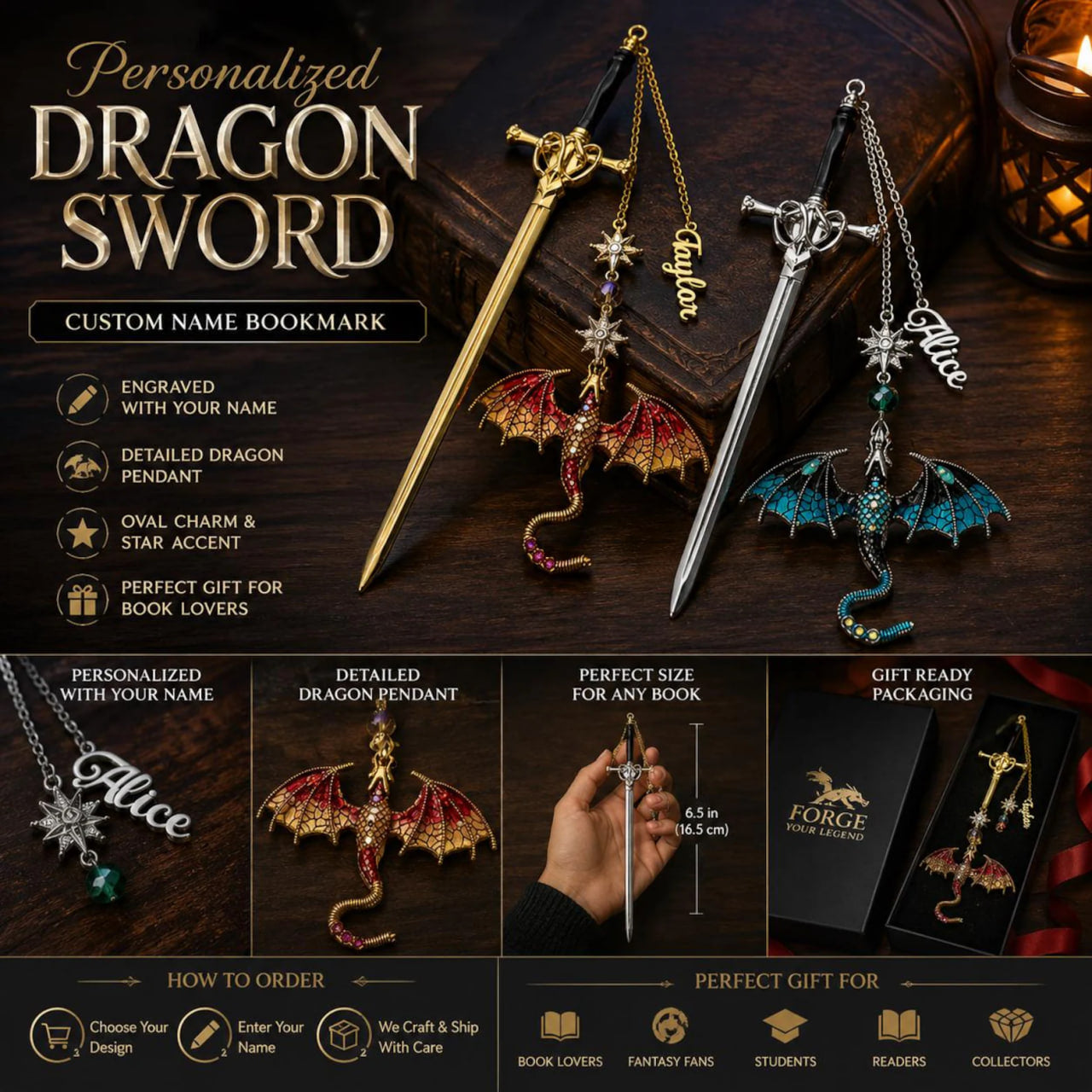 Personalized Dragon Sword Bookmark for Readers, Custom Name Fantasy Bookish Gift, Book Lover, Silver Gold Metal Charm for Bookworms