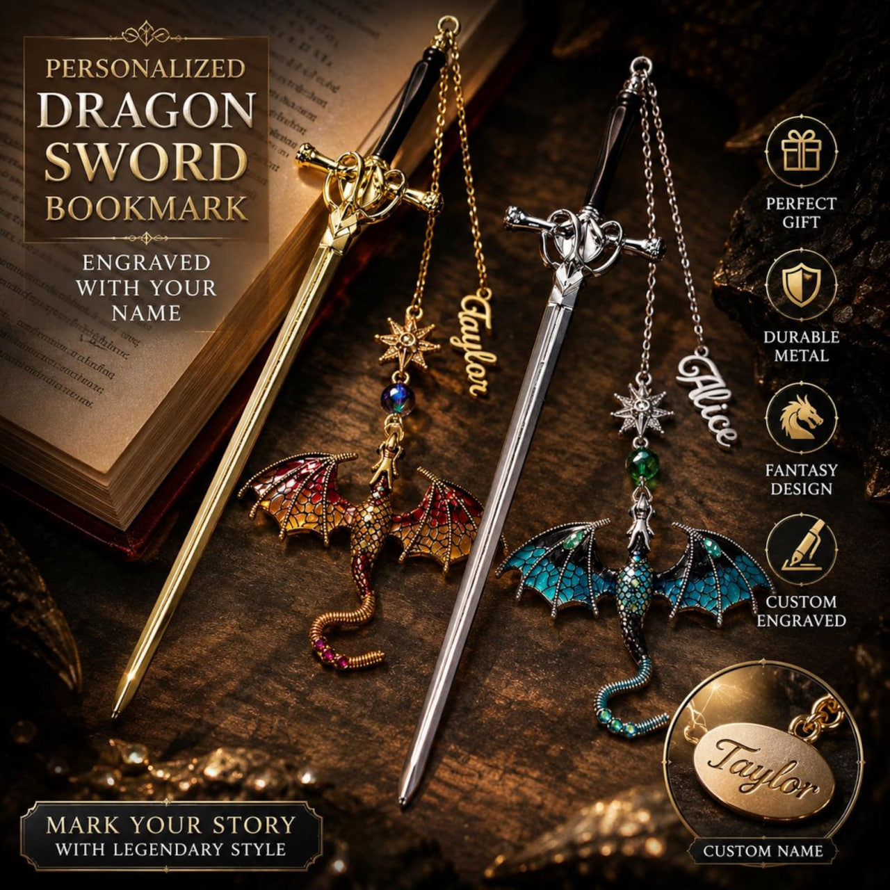 Personalized Dragon Sword Bookmark for Readers, Custom Name Fantasy Bookish Gift, Book Lover, Silver Gold Metal Charm for Bookworms